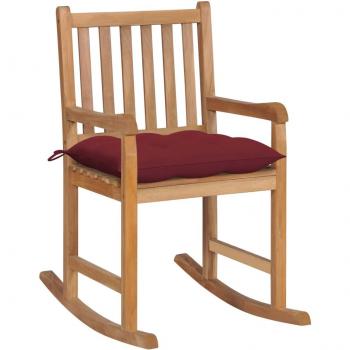Solid Teak Rocking Chair with Wine Red Cushion