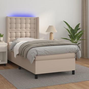 Cama box spring con colchón y LED de cuero sintético capuchino 90x190 cm marrón