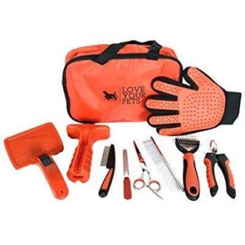 LOVE YOUR PETS - El Kit de tu Deseos Accesorios para Perros Cepillo desenredante Guante quitapelos Mascotas Cortauñas Lima Cepillo con botón Cepillo de Dientes Tijera y Peine Bolso