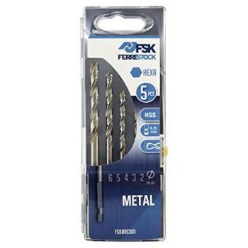Set de 5 brocas hexagonales HSS para metal Ferrestock FSKBRC001, afilado autocentrante, tamaños 2mm, 3mm, 4mm, 5mm y 6mm