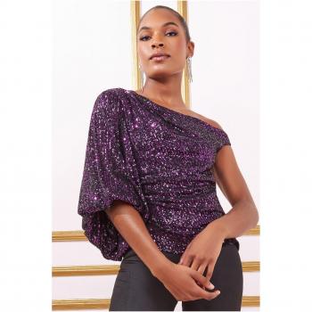 Goddiva Asymmetric Sequin Balloon Sleeve Top - Purple - Size 10 UK