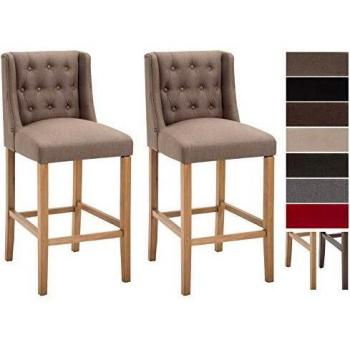 Set de 2 Taburetes Altos Cassandra con Respaldo y Reposapiés, Acolchados en Tela Color Gris Pardo y Estructura de Madera Kautschuk Antiguo Claro