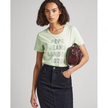 Camiseta Pepe Jeans Agnes Slim Fit para Mujer con Logo Estampado y Strass en Verde