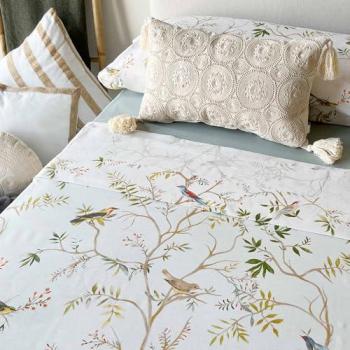 Juego de Sábanas Estampadas de Pájaros en Algodón 100% Sostenible - 3 o 4 Piezas para Cama de 150 cm