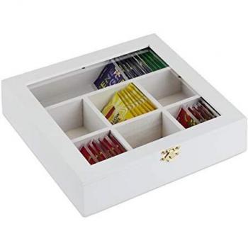 Relaxdays Caja para té e infusiones, Siete compartimentos, Para 100 bolsitas, 6 x 25 x 25,5 cm, 1 Ud, Blanco