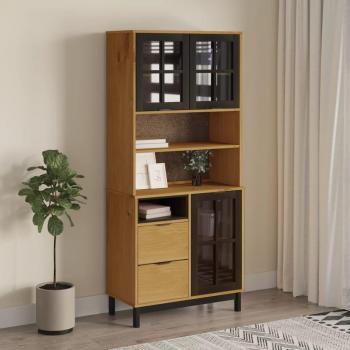 FLAM Highboard with Glass Doors 31.5x15.7x70.9 Solid Pine Wood Storage Cabinet