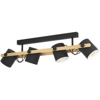 Lámpara de techo 4 luces Hornwood, estilo industrial en madera y acero negro, compatible con bombillas E27