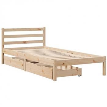 Estructura de cama sin colchón 75x190 cm en madera maciza de pino, color marrón, incluye somier y cajones, ideal para muebles de dormitorio