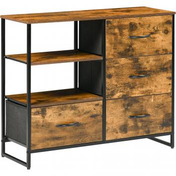 Cómoda de Salón con 4 Cajones de Tela Plegable y 2 Estantes Estilo Industrial 84x30x71,5 cm Marrón Rústico
