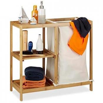 Estantería de baño con cesto para la colada, 3 estantes, saco extraíble, bambú natural, 65x68x33 cm
