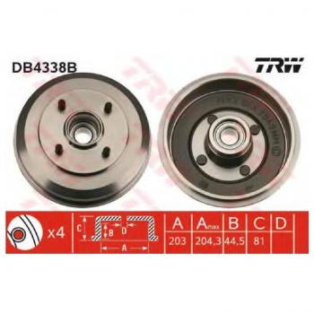 Tambor de freno TRW DB4338B para Ford Focus Mk1 3/5 puertas y Break, con rodamiento y sin anillo ABS