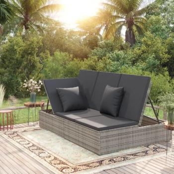 vidaXL Dark Grey Poly Rattan Convertible Sun Bed with Cushions