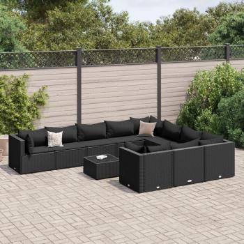 11-Piece Black Poly Rattan Garden Sofa Set with Cushions