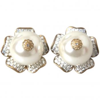 Gold Tone Maxi Faux Pearl Floral Clip-on Earrings by Dolce & Gabbana, unisex, yellow, size: ONE SIZE