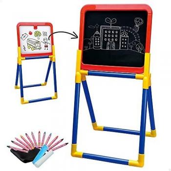 ColorBaby - Pizarra infantil, pizarra tiza y pizarra blanca 2 en 1, caballete pintura niños, Accesorios incluidos 12 pinturas de colores, borrador, 2 tizas, juguetes niños 3 años