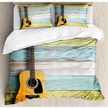 Music Decor Juego de sábanas de 3 piezas Juego de funda nórdica, Guitarra acústica en tablones de madera envejecidos pintados de colores Decoración rústica del país, Juego de fundas de edredón / Qulit