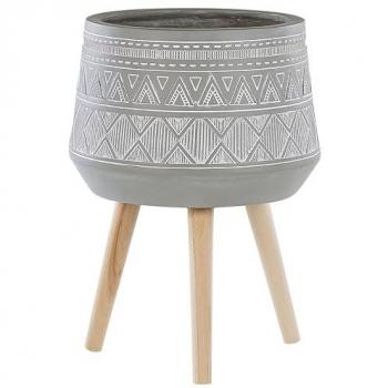 Maceta de exterior Beliani en material sintético gris H61 con soporte para maceta base de madera maciza redonda magnesio gris claro, diseño boho Malaki, macetero alto