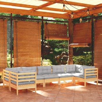 7-Piece Pinewood Garden Lounge Set with Gray Cushions