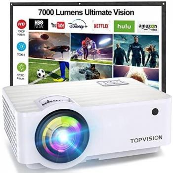 TOPVISION Proyector Cine en Casa de 5500 Lúmenes,720P Nativa Mini Proyector Portátil Soporte 1080P Full HD, Proyector LED de 60000 Horas con Pantalla Máx de 240,Compatible con HDMI/VGA/USB/AV/SD