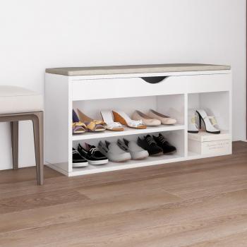 Banco zapatero con cojín de madera ingeniería blanco brillo, 104 x 30 x 49 cm, contrachapado, color gris hormigón y blanco brillante