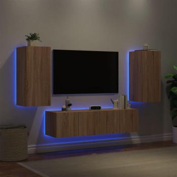 Mueble TV de pared con LED 4 piezas de madera multicapa de roble Sonoma - Color Marrón