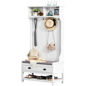 HOMCOM Perchero Zapatero con Banco 4 Ganchos 2 Compartimentos Abiertos 2 Cajones Extraíbles y Estante Inferior Moderno para Recibidor Entrada 87x42x172 cm Blanco