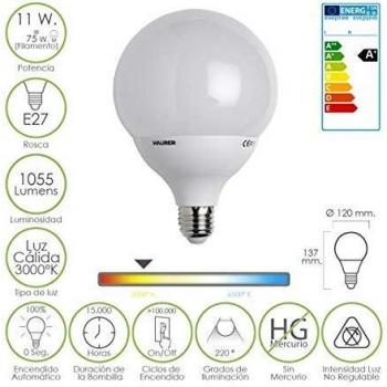 Bombilla led globo e27 11 w 75 w 1055 lumenes luz calida 3000k
