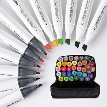 Lightwish 36 colores rotuladores de alcohol, Marcadores permanentes doble punta bullet&cincel marker Set con bolsa portátil, para dibujar, pintar, colorear diseños, Anime, Manga, niños adulto regalo