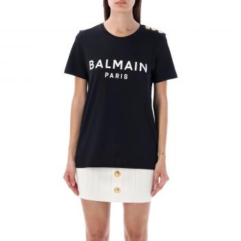 Balmain Women's Black Cotton T-Shirt with Button Detail and Logo Print, Size L
