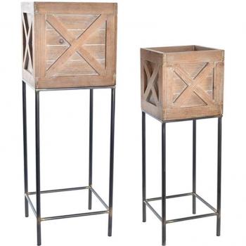 Macetero set 2 madera metal 25x25x75 marrón