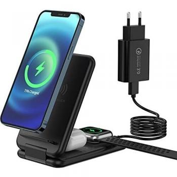 Estación de Carga inalámbrica,YOMENG 3 en 1 Soporte de Carga inalámbrico Plegable de 15 W Compatible con iPhone 12/12Pro/11/11Pro/Max/XR/XS MAX/X iWatch 6/SE/5/4/3/2/1, Samsung Galaxy S21/S20/S20+