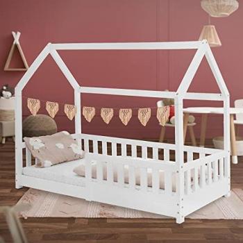 Cama Infantil Creativa de Madera de Pino Blanca 160x80 cm con Protección Anticaída y Techo