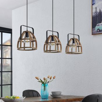 Lámpara colgante Lindby Pilarion, 3 luces, color negro, material metal y madera, tipo de bombilla E27, ideal para salón y comedor