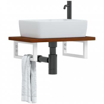 Estante de lavabo de pared de acero y madera maciza de roble Vidaxl Marrón