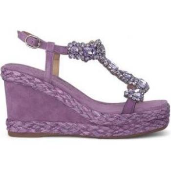 Alma en Pena Sandalias de piel con cuña alta violeta para mujer, puntera cuadrada y detalle de pedrería