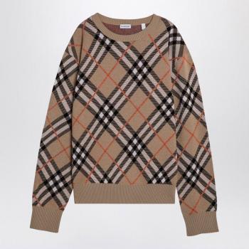 Burberry Men's Check Pattern Wool Blend Jumper Sweater in Beige | Size Medium