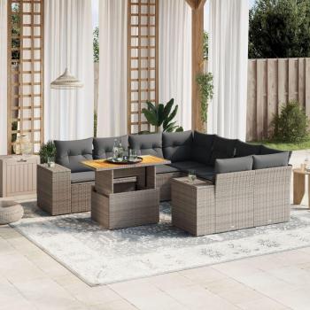 9-Piece Grey Poly Rattan Garden Sofa Set with Cushions