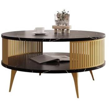 Mesa de centro Oswego 119, redonda, dorado y mármol negro, 44cm de altura y 75cm de diámetro, aglomerado laminado