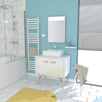 Mueble de baño escandinavo blanco 80 cm con patas, puertas, lavabo sobremueble y espejo LED