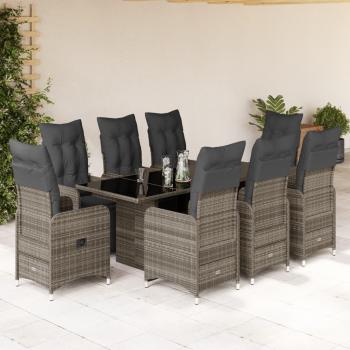 9-Piece Grey Poly Rattan Garden Bistro Set with Cushions
