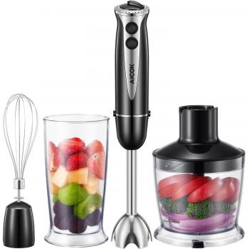 Batidora de Mano, Aicok 4 en 1 Batidora Electrica, 5 Control con Picadora de 500ml, Vaso Medidor de 600 ml, 800W Multifunción para Smoothie, Huevos, Carnes y Vegetales Más, Negro