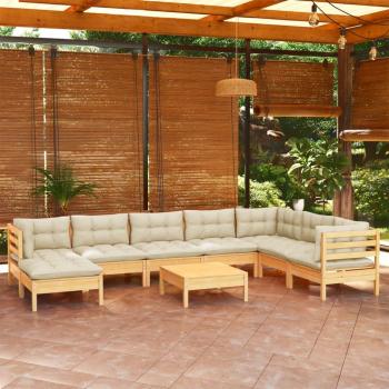 9 Piece Solid Pinewood Garden Lounge Set with Cream Cushions