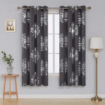 Deconovo Cortina Opaca de Salón Moderno con Flores en Plata con Ojales 140 x 175 cm 2 Piezas Gris Oscuro
