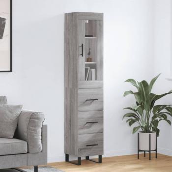 Aparador alto de madera contrachapada gris Sonoma 34,5x34x180 cm con 3 cajones, mueble de almacenaje para salón, buffet y armario auxiliar