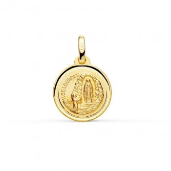 Medalla de Oro 18k Virgen de Lourdes 14mm Redonda con Cerco Bisel