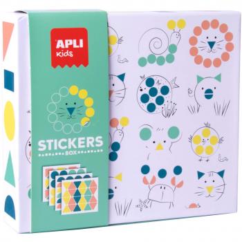 APLI Kids Stickers Box Animales - Juego de Pegatinas con Figuras Geométricas, 8 Láminas Ilustradas de 200g, 8 Hojas de Gomets Removibles,