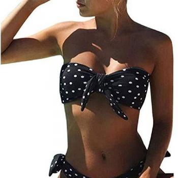 CheChury Bikini Mujer 2021 Dos Piezas Ropa con con Estampado de Lunares Traje de baño Conjunto de Bikini Push-Up Verano Acolchado Bra,Negro,L