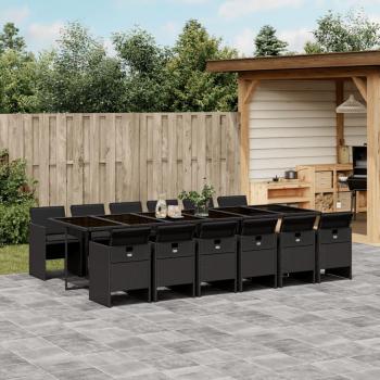 Set comedor de jardín 13 pzas ratán sintético negro con cojines