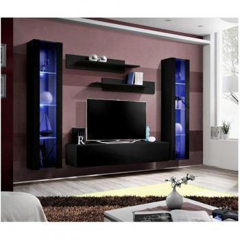 Mueble TV Mural Fly II 260 cm Negro Brillante con LED y Sistema Push-Click