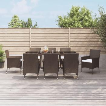 9-Piece Brown Poly Rattan Garden Dining Set with Cushions